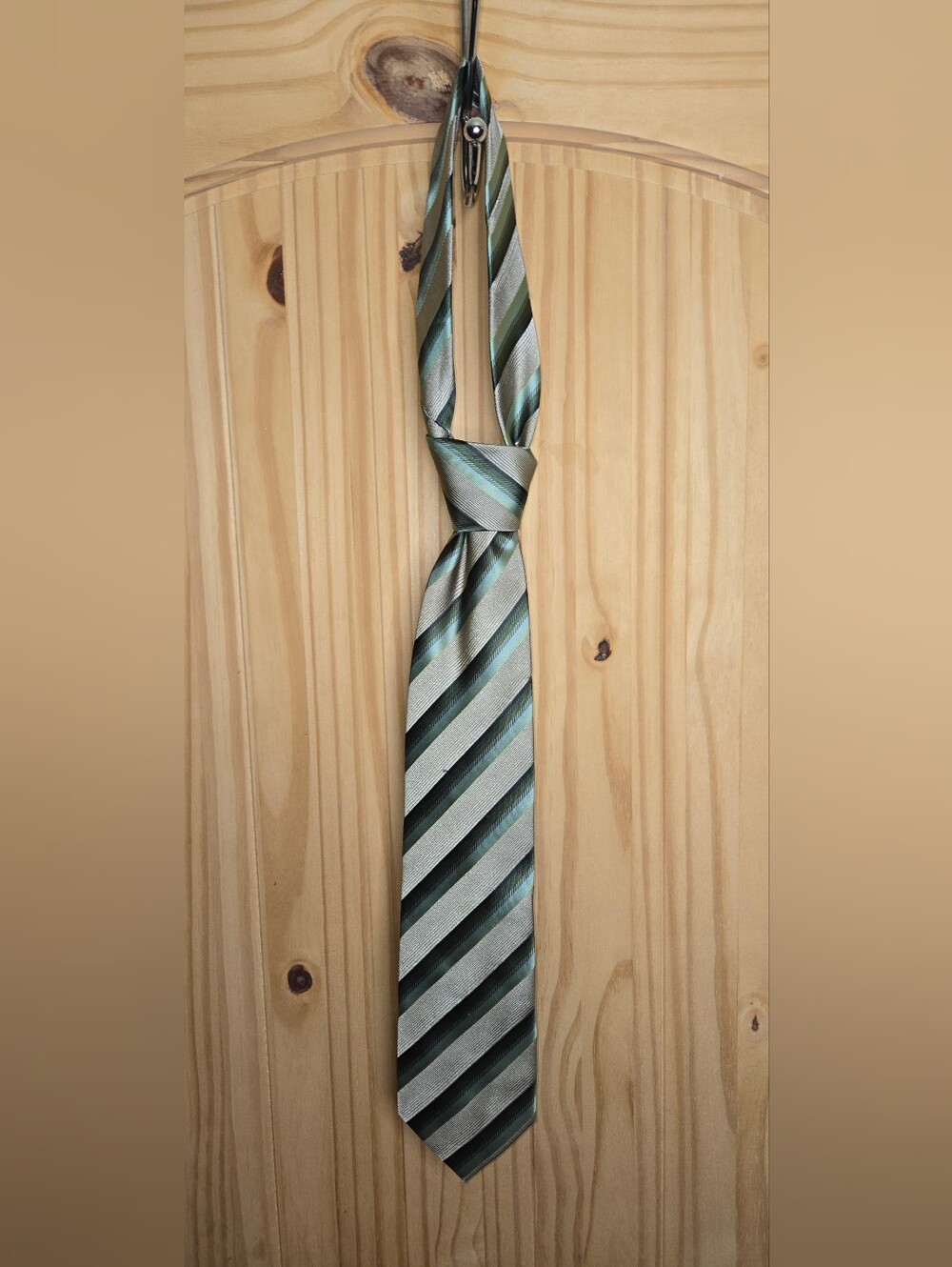 John Ashford Men's Striped Necktie Green Silver Black Classic Dress Tie